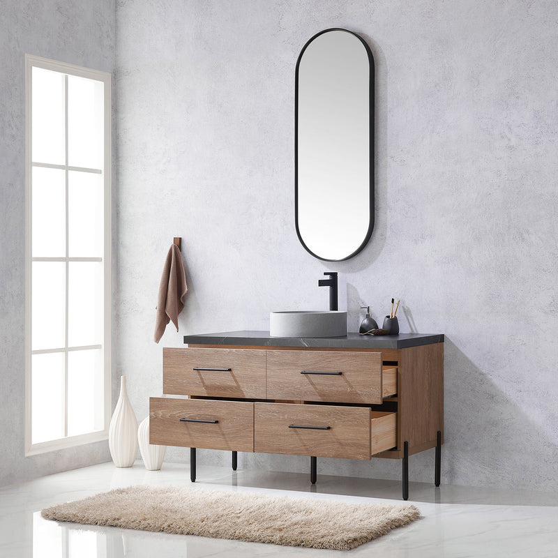 Vinnova 705148C-NO-SL Trento 48" Single Vanity in North American Oak with Black Sintered Stone Top with Circular Concrete Sink