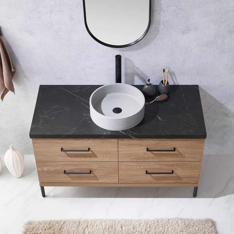 Vinnova 705148C-NO-SL Trento 48" Single Vanity in North American Oak with Black Sintered Stone Top with Circular Concrete Sink