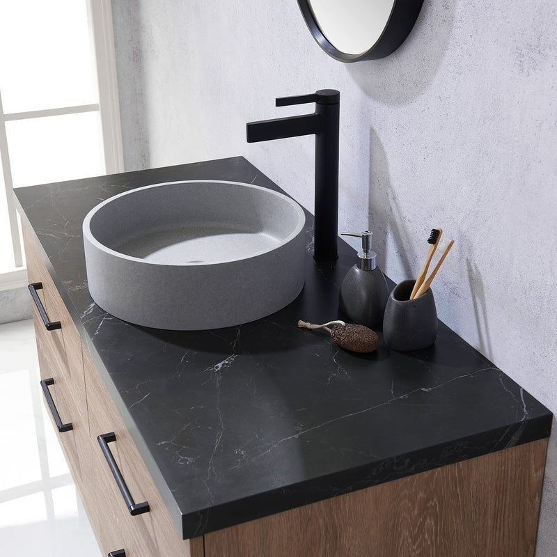 Vinnova 705148C-NO-SL Trento 48" Single Vanity in North American Oak with Black Sintered Stone Top with Circular Concrete Sink