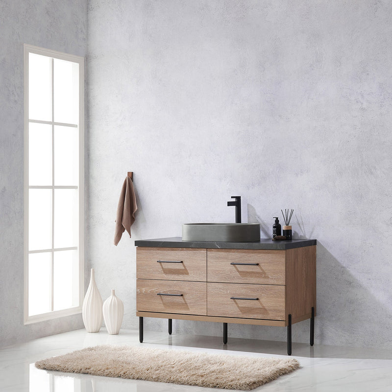 Vinnova 705148O-NO-SL Trento 48" Single Vanity in North American Oak with Black Sintered Stone Top with Oval Concrete Sink