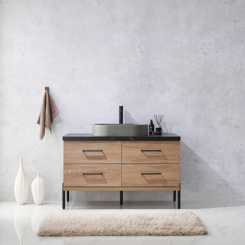 Vinnova 705148O-NO-SL Trento 48" Single Vanity in North American Oak with Black Sintered Stone Top with Oval Concrete Sink