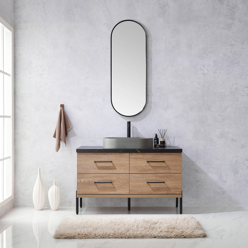 Vinnova 705148O-NO-SL Trento 48" Single Vanity in North American Oak with Black Sintered Stone Top with Oval Concrete Sink