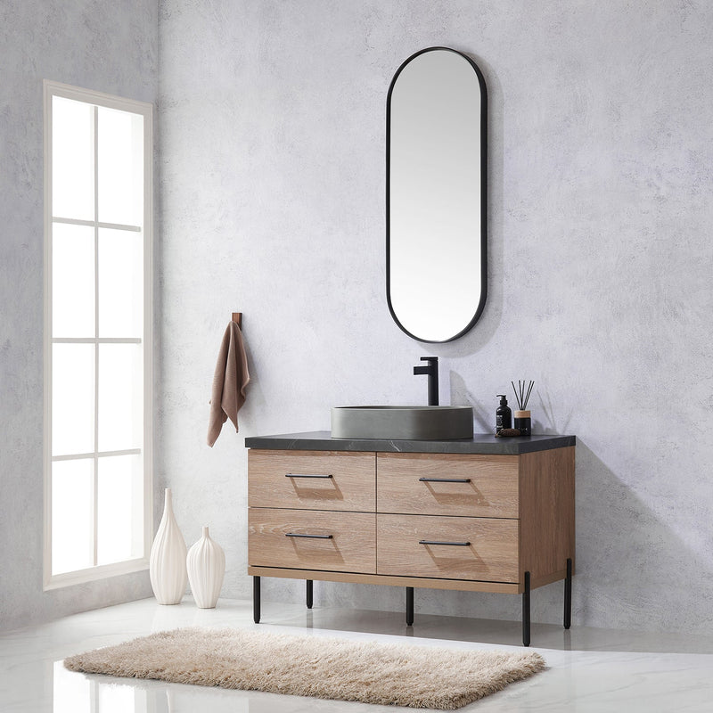 Vinnova 705148O-NO-SL Trento 48" Single Vanity in North American Oak with Black Sintered Stone Top with Oval Concrete Sink