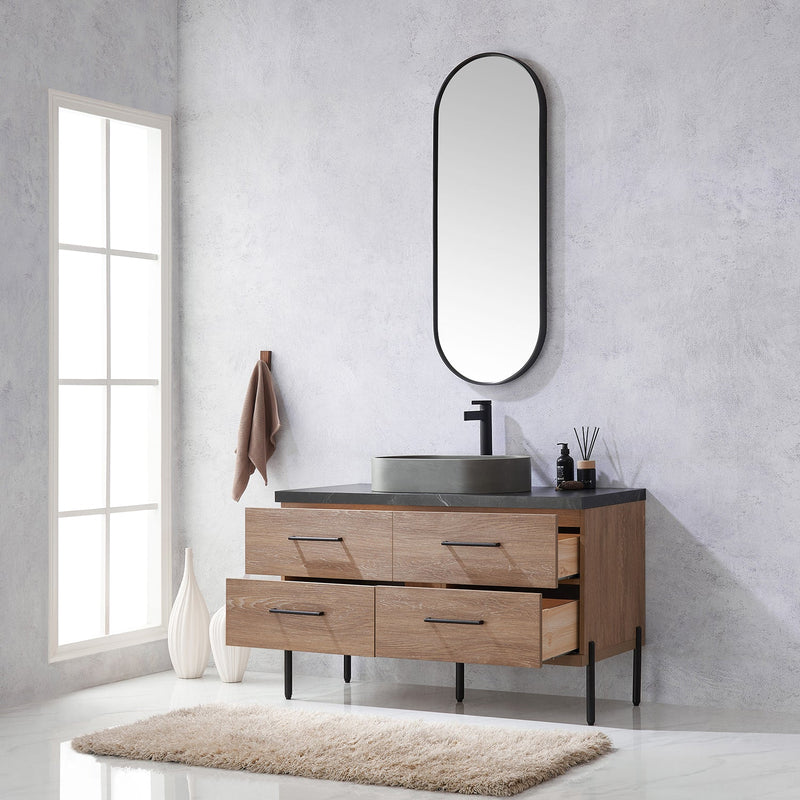 Vinnova 705148O-NO-SL Trento 48" Single Vanity in North American Oak with Black Sintered Stone Top with Oval Concrete Sink