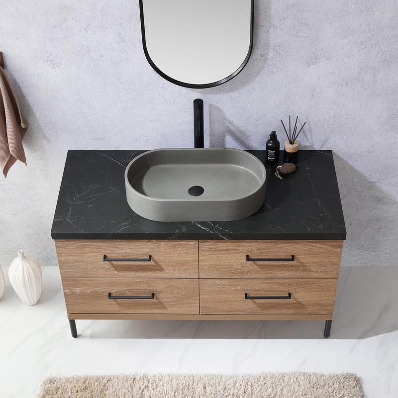 Vinnova 705148O-NO-SL Trento 48" Single Vanity in North American Oak with Black Sintered Stone Top with Oval Concrete Sink