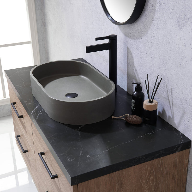 Vinnova 705148O-NO-SL Trento 48" Single Vanity in North American Oak with Black Sintered Stone Top with Oval Concrete Sink
