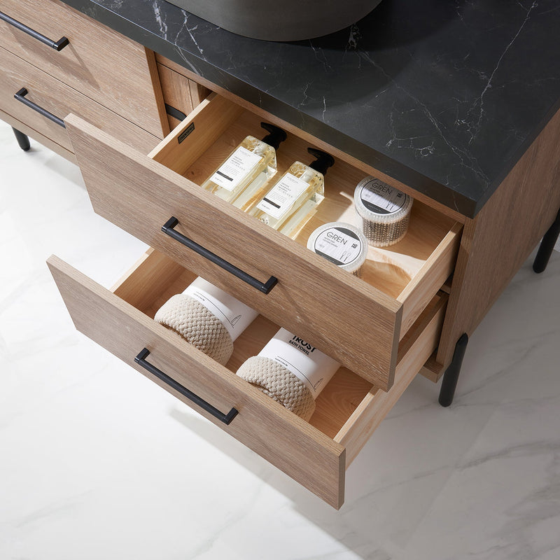 Vinnova 705148O-NO-SL Trento 48" Single Vanity in North American Oak with Black Sintered Stone Top with Oval Concrete Sink
