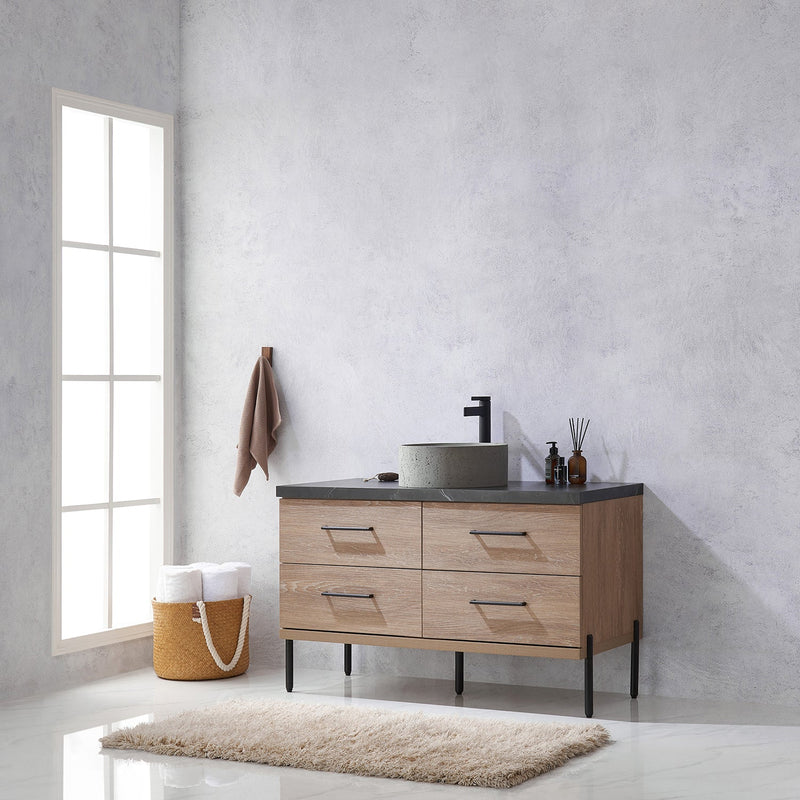 Vinnova 705148R-NO-SL Trento 48" Single Vanity in North American Oak with Black Sintered Stone Top with Natural Circular Concrete Sink