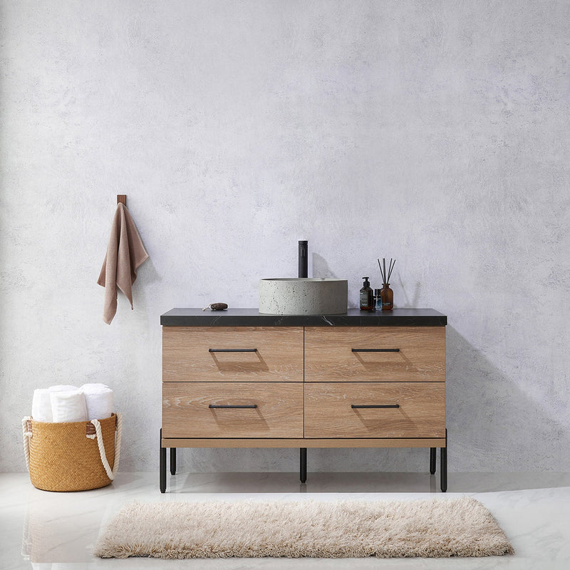 Vinnova 705148R-NO-SL Trento 48" Single Vanity in North American Oak with Black Sintered Stone Top with Natural Circular Concrete Sink