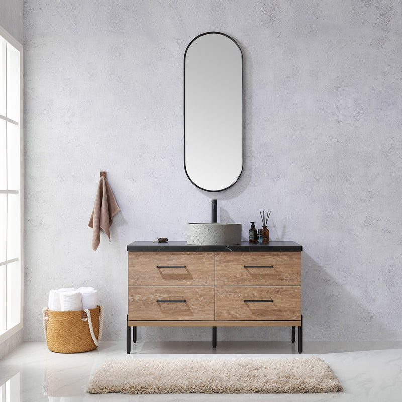 Vinnova 705148R-NO-SL Trento 48" Single Vanity in North American Oak with Black Sintered Stone Top with Natural Circular Concrete Sink