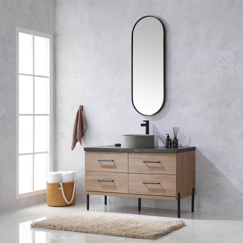 Vinnova 705148R-NO-SL Trento 48" Single Vanity in North American Oak with Black Sintered Stone Top with Natural Circular Concrete Sink