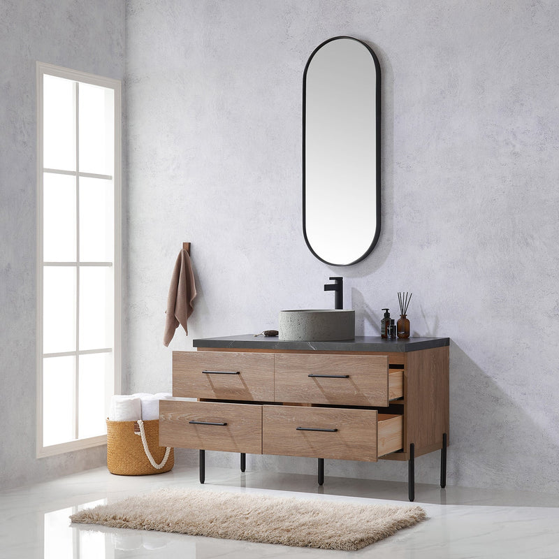 Vinnova 705148R-NO-SL Trento 48" Single Vanity in North American Oak with Black Sintered Stone Top with Natural Circular Concrete Sink