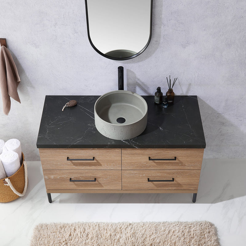 Vinnova 705148R-NO-SL Trento 48" Single Vanity in North American Oak with Black Sintered Stone Top with Natural Circular Concrete Sink