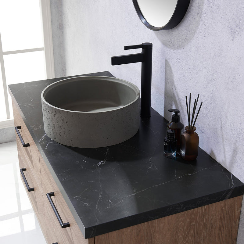 Vinnova 705148R-NO-SL Trento 48" Single Vanity in North American Oak with Black Sintered Stone Top with Natural Circular Concrete Sink