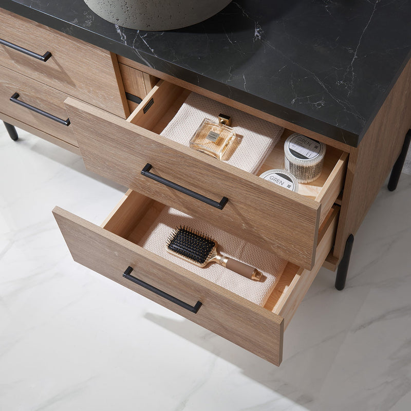 Vinnova 705148R-NO-SL Trento 48" Single Vanity in North American Oak with Black Sintered Stone Top with Natural Circular Concrete Sink