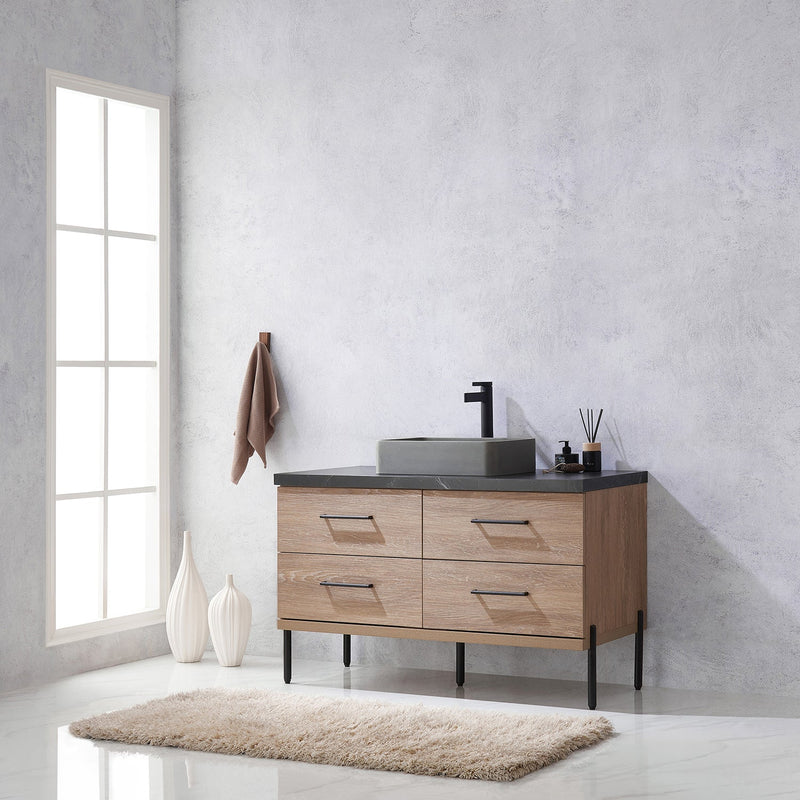 Vinnova 705148S-NO-SL Trento 48" Single Vanity in North American Oak with Black Sintered Stone Top with Rectangular Concrete Sink