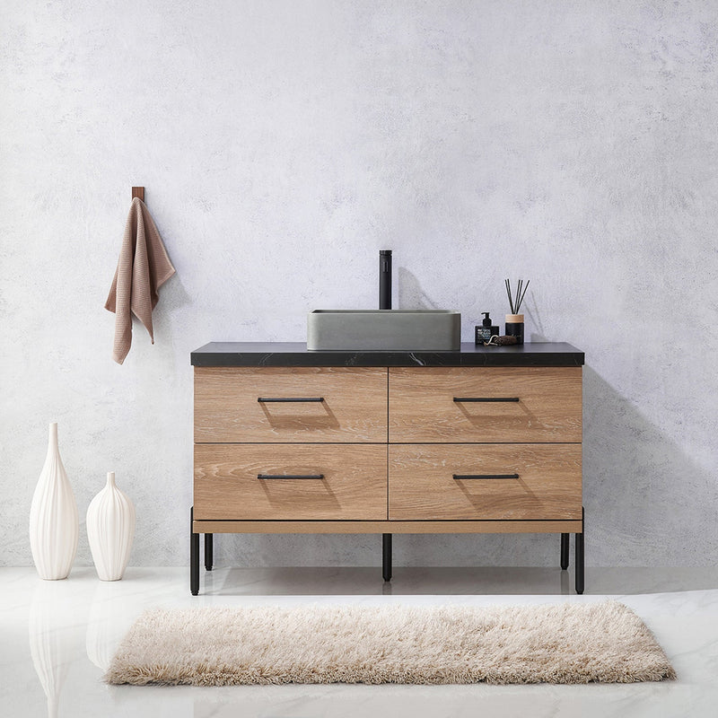 Vinnova 705148S-NO-SL Trento 48" Single Vanity in North American Oak with Black Sintered Stone Top with Rectangular Concrete Sink