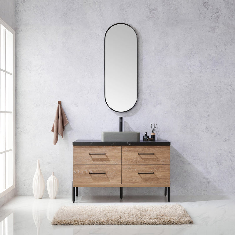Vinnova 705148S-NO-SL Trento 48" Single Vanity in North American Oak with Black Sintered Stone Top with Rectangular Concrete Sink