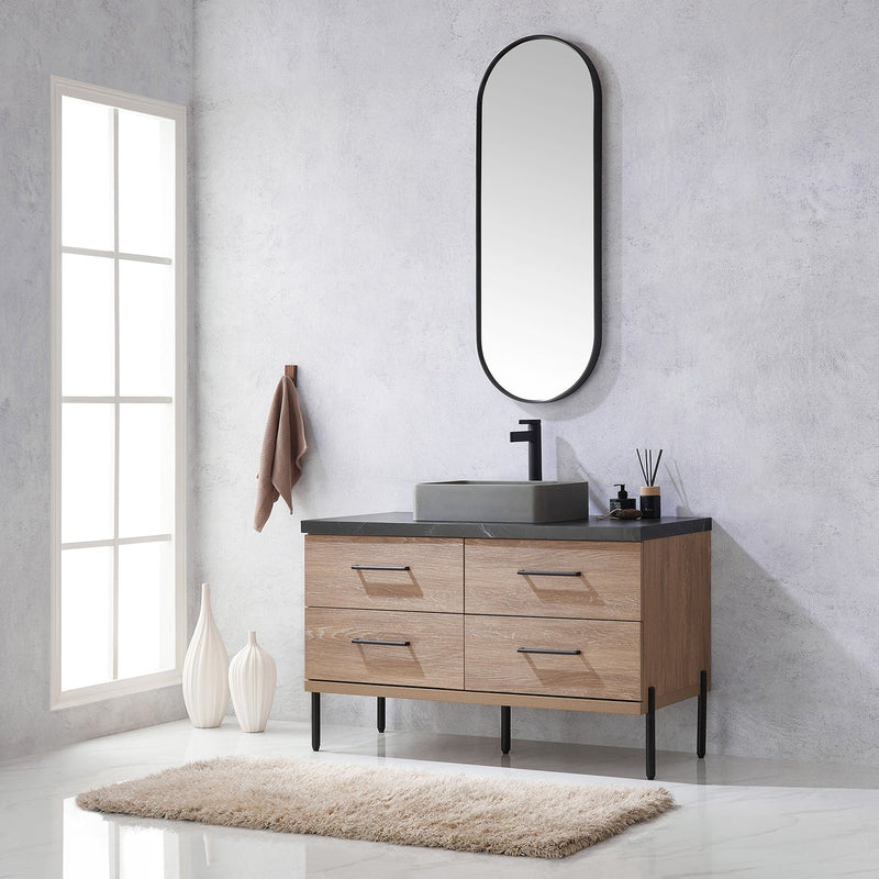 Vinnova 705148S-NO-SL Trento 48" Single Vanity in North American Oak with Black Sintered Stone Top with Rectangular Concrete Sink