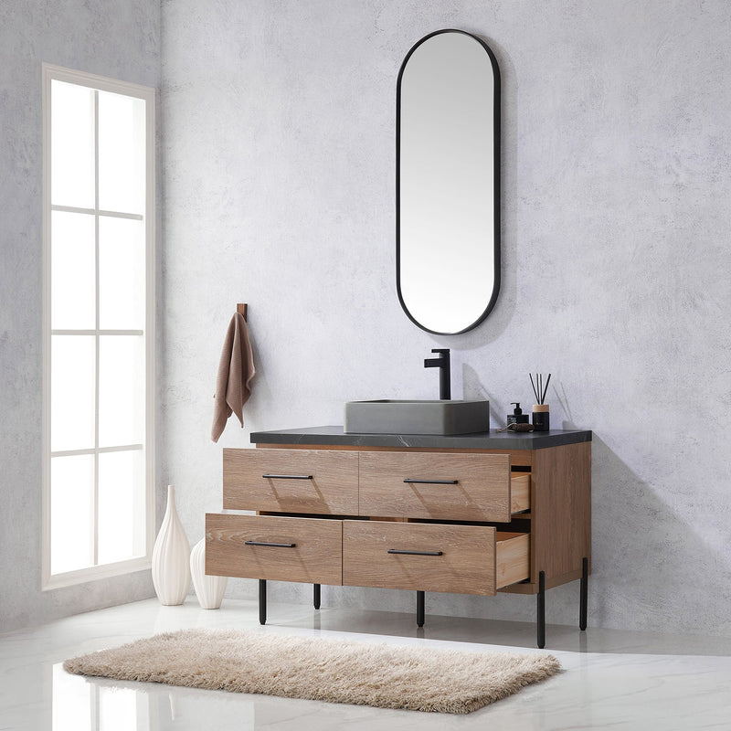 Vinnova 705148S-NO-SL Trento 48" Single Vanity in North American Oak with Black Sintered Stone Top with Rectangular Concrete Sink