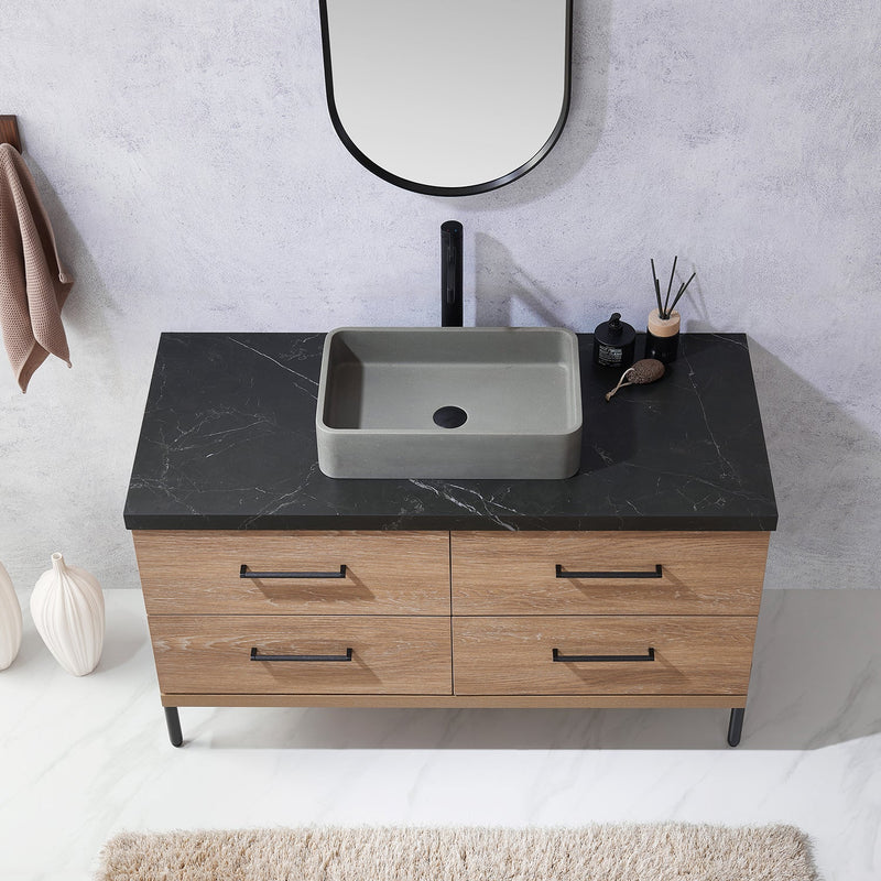 Vinnova 705148S-NO-SL Trento 48" Single Vanity in North American Oak with Black Sintered Stone Top with Rectangular Concrete Sink