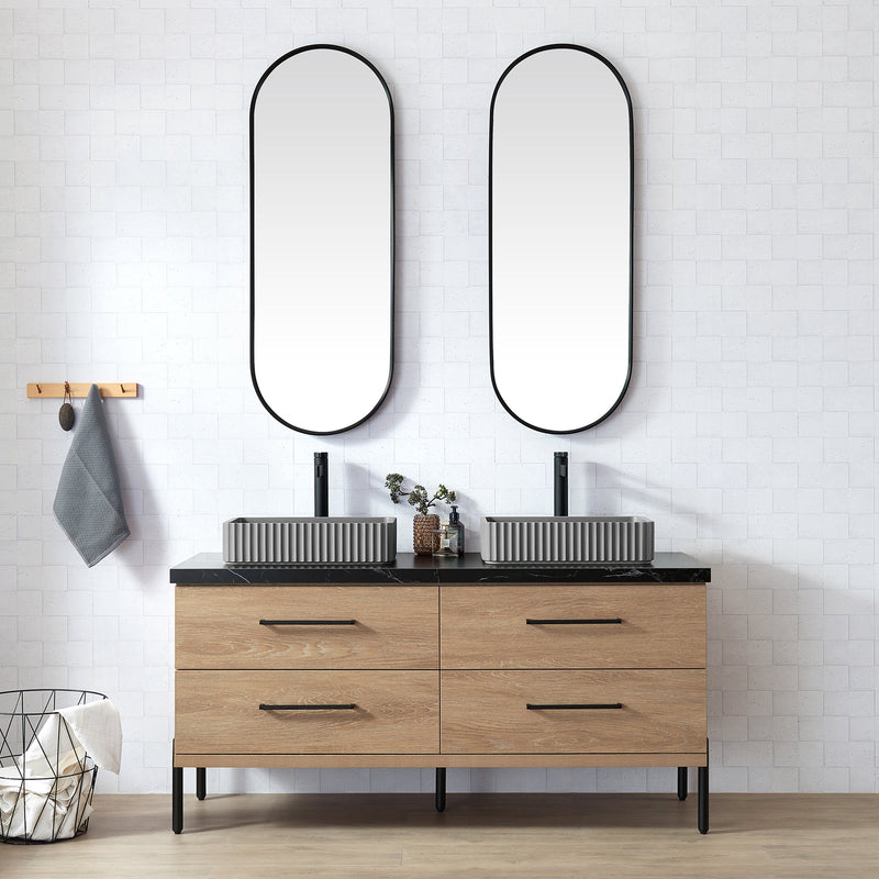 Vinnova 705160A-NO-SL Trento 60A" Double Sink Bath Vanity in North American Oak with Black Sintered Stone Top and Rectangular Concrete Sink