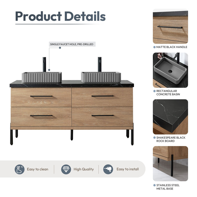 Vinnova 705160A-NO-SL Trento 60A" Double Sink Bath Vanity in North American Oak with Black Sintered Stone Top and Rectangular Concrete Sink
