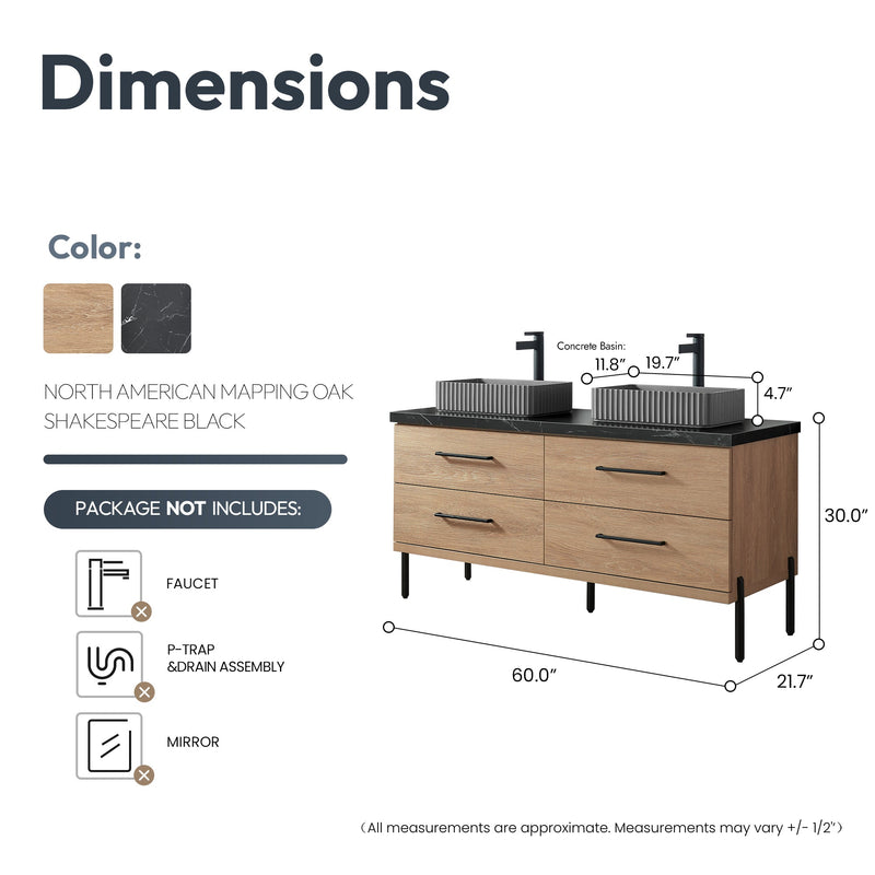 Vinnova 705160A-NO-SL Trento 60A" Double Sink Bath Vanity in North American Oak with Black Sintered Stone Top and Rectangular Concrete Sink