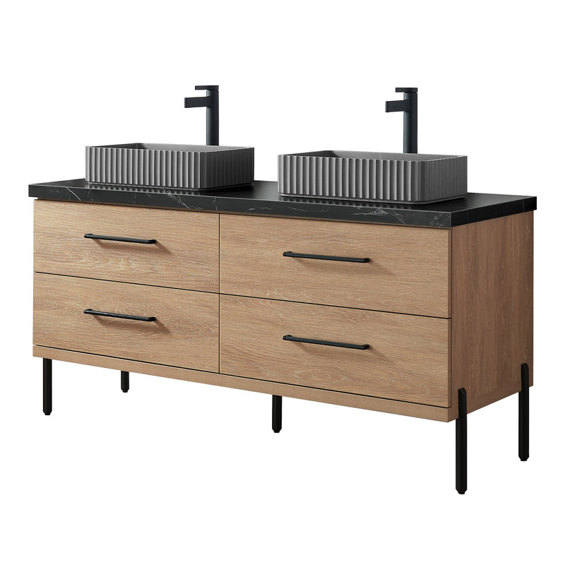 Vinnova 705160A-NO-SL Trento 60A" Double Sink Bath Vanity in North American Oak with Black Sintered Stone Top and Rectangular Concrete Sink