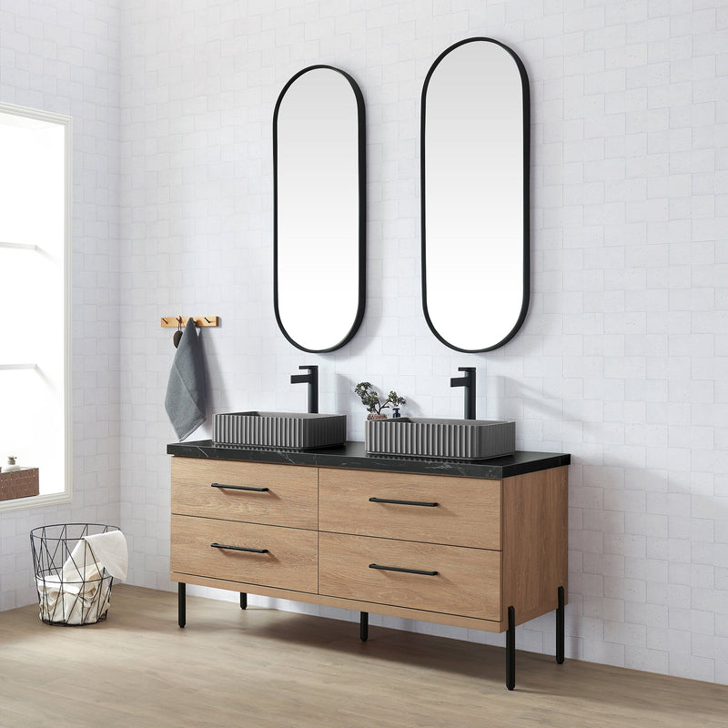 Vinnova 705160A-NO-SL Trento 60A" Double Sink Bath Vanity in North American Oak with Black Sintered Stone Top and Rectangular Concrete Sink