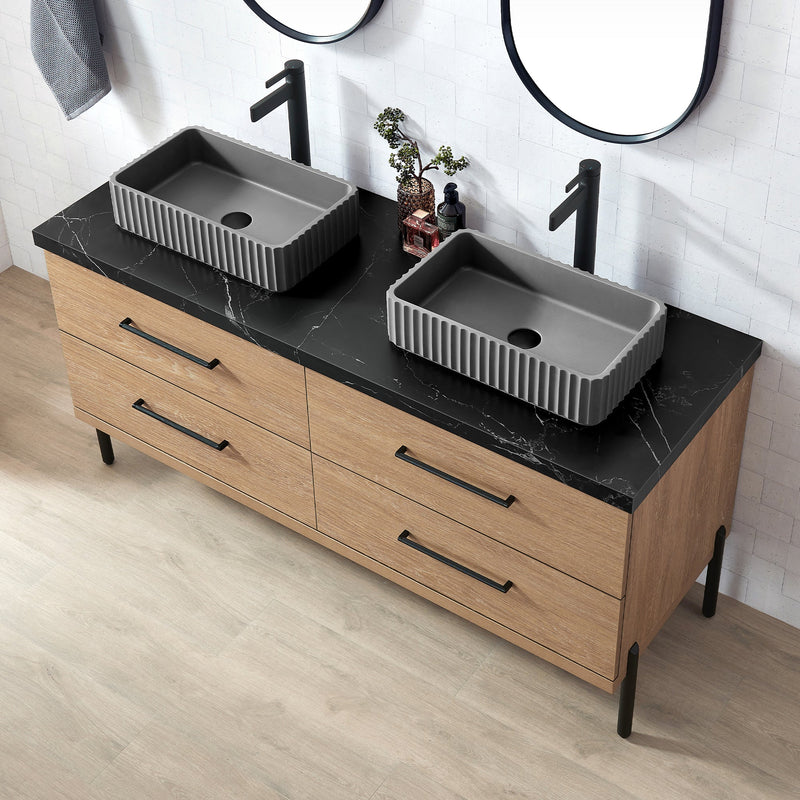 Vinnova 705160A-NO-SL Trento 60A" Double Sink Bath Vanity in North American Oak with Black Sintered Stone Top and Rectangular Concrete Sink