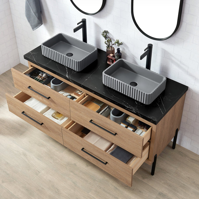 Vinnova 705160A-NO-SL Trento 60A" Double Sink Bath Vanity in North American Oak with Black Sintered Stone Top and Rectangular Concrete Sink