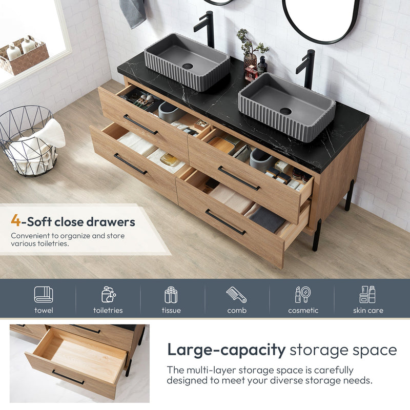 Vinnova 705160A-NO-SL Trento 60A" Double Sink Bath Vanity in North American Oak with Black Sintered Stone Top and Rectangular Concrete Sink