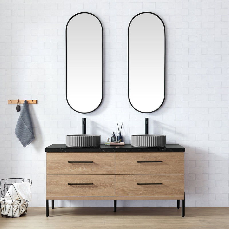 Vinnova 705160B-NO-SL Trento 60B" Double Sink Bath Vanity in North American Oak with Black Sintered Stone Top and Circular Concrete Sink