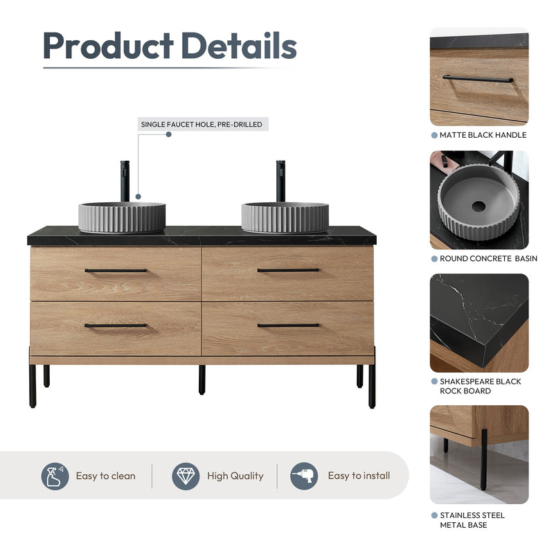 Vinnova 705160B-NO-SL Trento 60B" Double Sink Bath Vanity in North American Oak with Black Sintered Stone Top and Circular Concrete Sink
