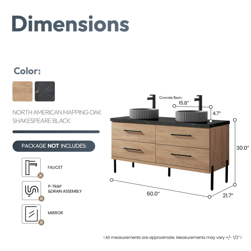 Vinnova 705160B-NO-SL Trento 60B" Double Sink Bath Vanity in North American Oak with Black Sintered Stone Top and Circular Concrete Sink