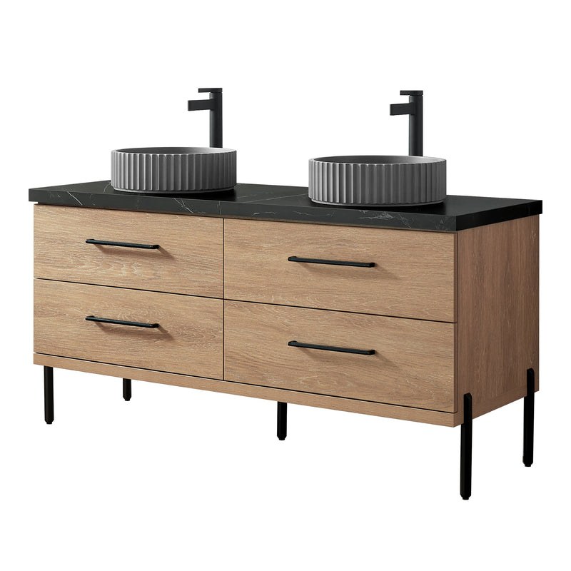 Vinnova 705160B-NO-SL Trento 60B" Double Sink Bath Vanity in North American Oak with Black Sintered Stone Top and Circular Concrete Sink
