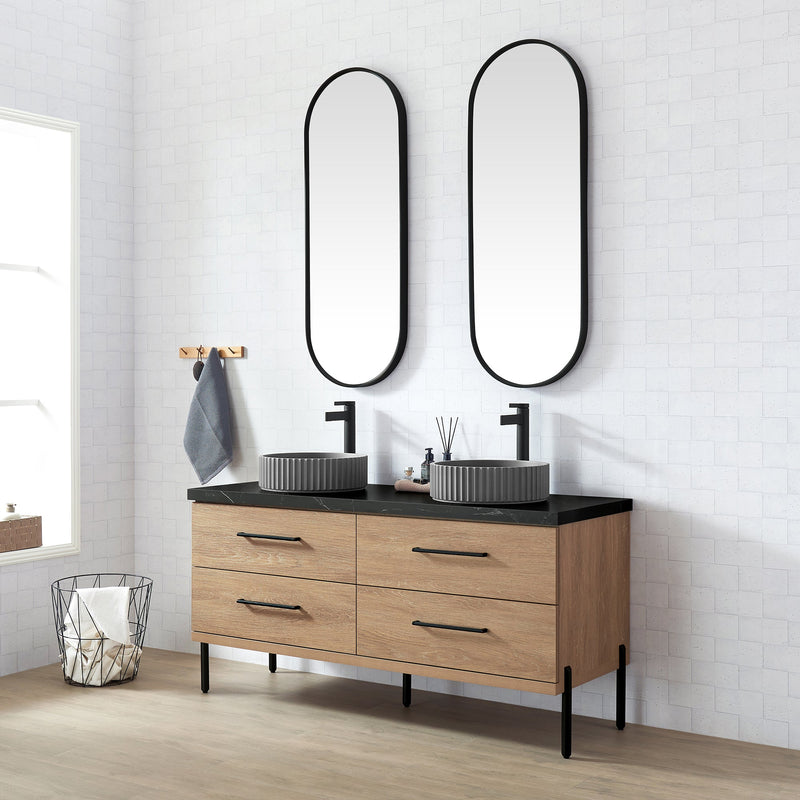Vinnova 705160B-NO-SL Trento 60B" Double Sink Bath Vanity in North American Oak with Black Sintered Stone Top and Circular Concrete Sink