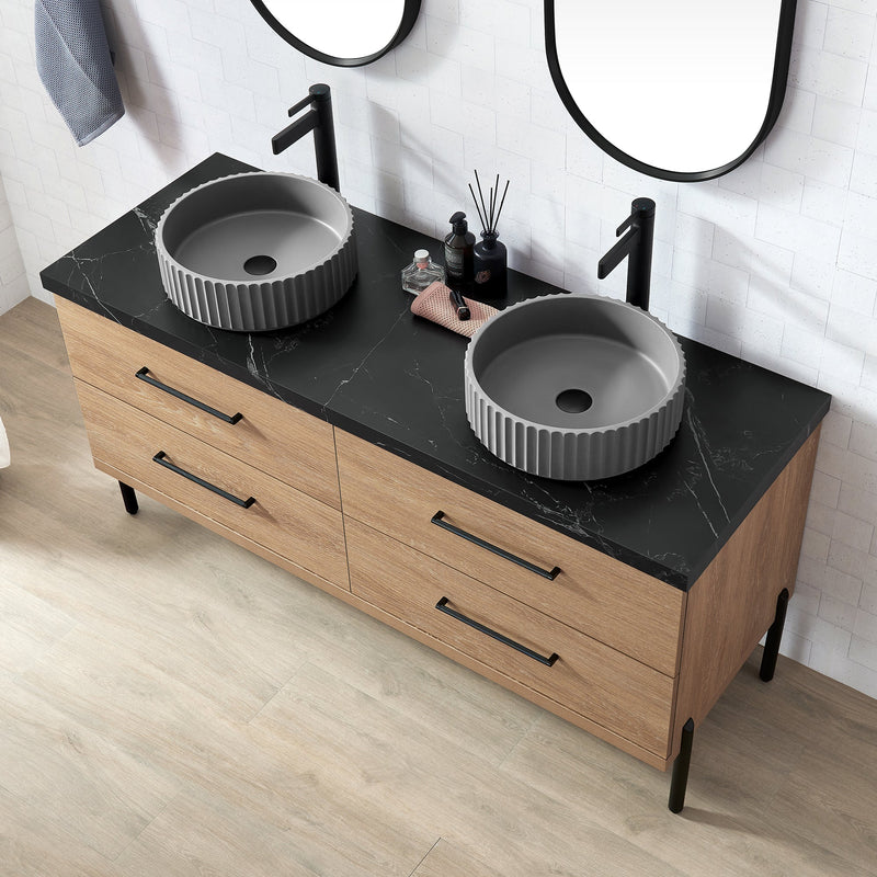 Vinnova 705160B-NO-SL Trento 60B" Double Sink Bath Vanity in North American Oak with Black Sintered Stone Top and Circular Concrete Sink