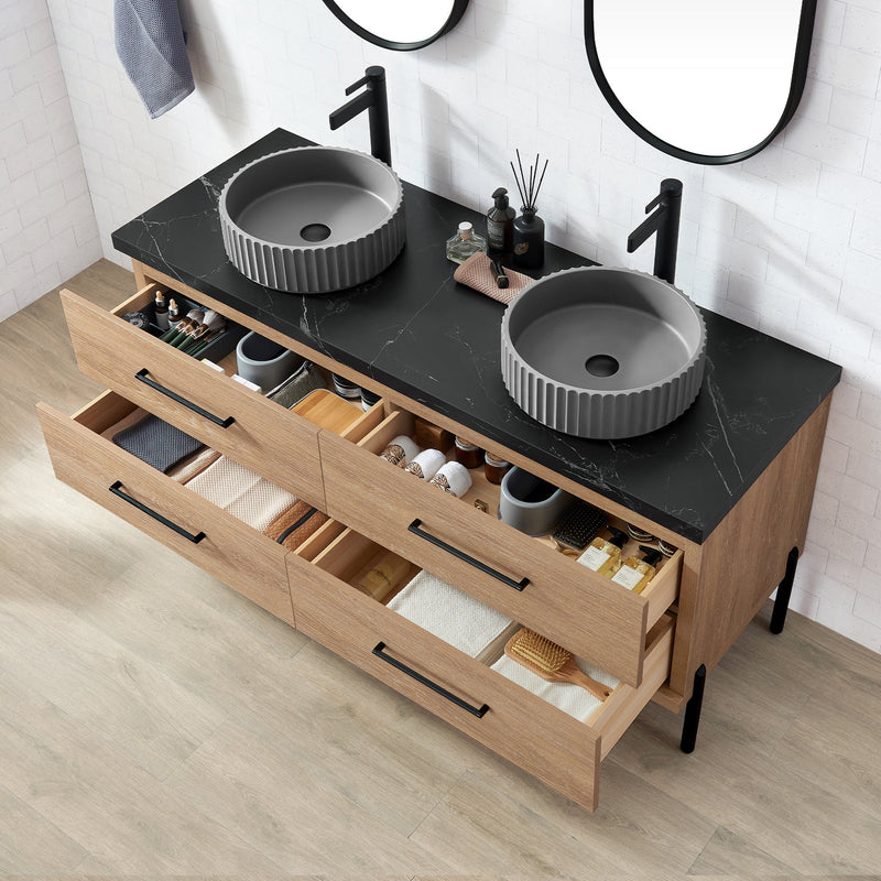 Vinnova 705160B-NO-SL Trento 60B" Double Sink Bath Vanity in North American Oak with Black Sintered Stone Top and Circular Concrete Sink