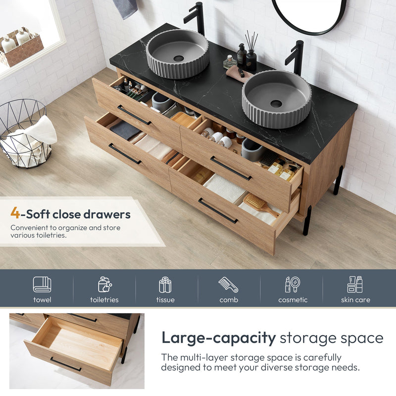 Vinnova 705160B-NO-SL Trento 60B" Double Sink Bath Vanity in North American Oak with Black Sintered Stone Top and Circular Concrete Sink