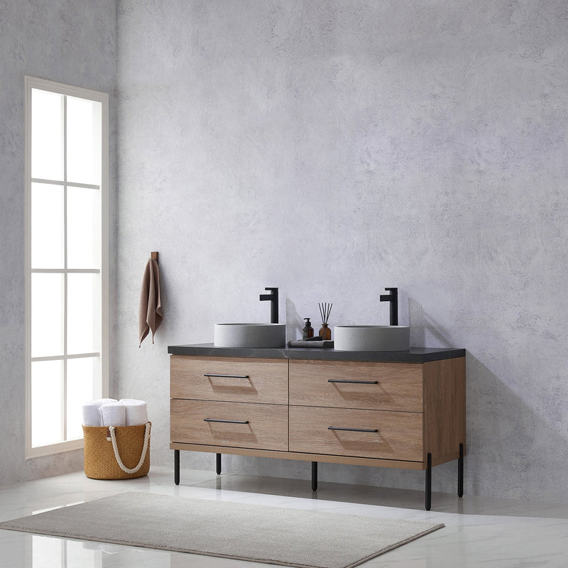 Vinnova 705160C-NO-SL Trento 60" Double Vanity in North American Oak with Black Sintered Stone Top with Circular Concrete Sink