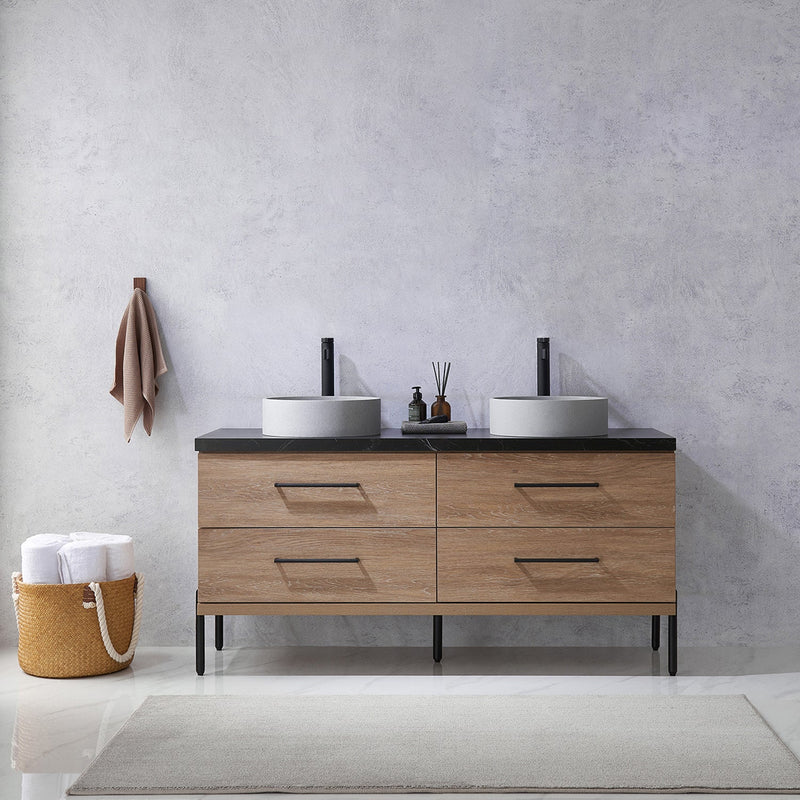 Vinnova 705160C-NO-SL Trento 60" Double Vanity in North American Oak with Black Sintered Stone Top with Circular Concrete Sink