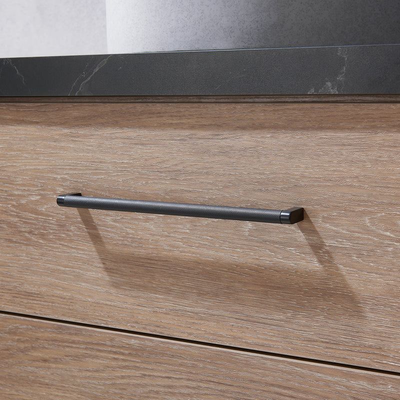 Vinnova 705160C-NO-SL Trento 60" Double Vanity in North American Oak with Black Sintered Stone Top with Circular Concrete Sink