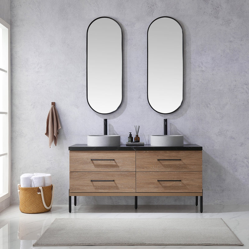 Vinnova 705160C-NO-SL Trento 60" Double Vanity in North American Oak with Black Sintered Stone Top with Circular Concrete Sink
