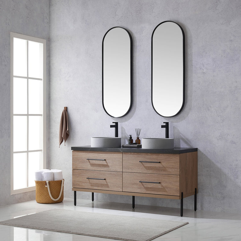 Vinnova 705160C-NO-SL Trento 60" Double Vanity in North American Oak with Black Sintered Stone Top with Circular Concrete Sink
