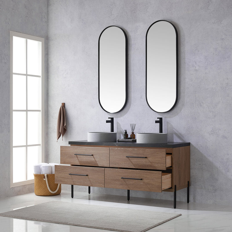 Vinnova 705160C-NO-SL Trento 60" Double Vanity in North American Oak with Black Sintered Stone Top with Circular Concrete Sink