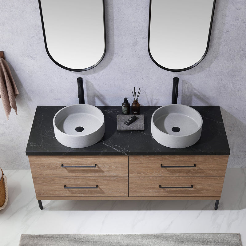Vinnova 705160C-NO-SL Trento 60" Double Vanity in North American Oak with Black Sintered Stone Top with Circular Concrete Sink