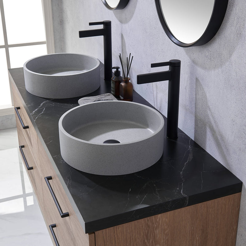 Vinnova 705160C-NO-SL Trento 60" Double Vanity in North American Oak with Black Sintered Stone Top with Circular Concrete Sink