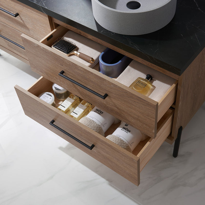 Vinnova 705160C-NO-SL Trento 60" Double Vanity in North American Oak with Black Sintered Stone Top with Circular Concrete Sink